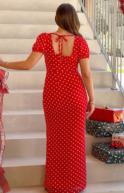 Elegant Polka Dot Print Short Sleeve Deep V Neck Open Back Tie Detail Bodycon Maxi Prom Dress