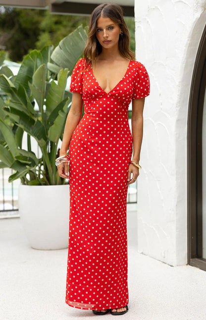 Elegant Polka Dot Print Short Sleeve Deep V Neck Open Back Tie Detail Bodycon Maxi Prom Dress