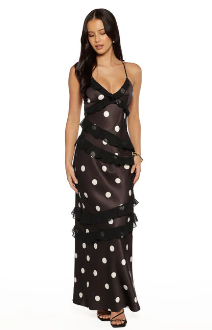 Elegant Polka Dot Print Spaghetti Strap Ruffle Trim Satin Maxi Prom Dress