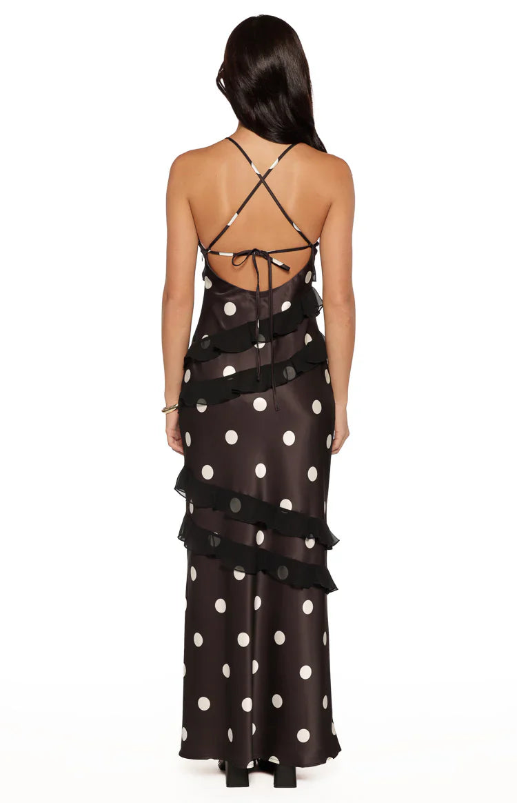 Elegant Polka Dot Print Spaghetti Strap Ruffle Trim Satin Maxi Prom Dress