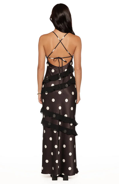 Elegant Polka Dot Print Spaghetti Strap Ruffle Trim Satin Maxi Prom Dress