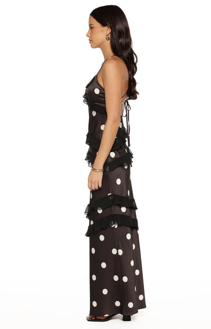 Elegant Polka Dot Print Spaghetti Strap Ruffle Trim Satin Maxi Prom Dress