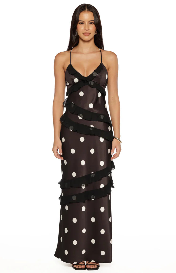 Elegant Polka Dot Print Spaghetti Strap Ruffle Trim Satin Maxi Prom Dress