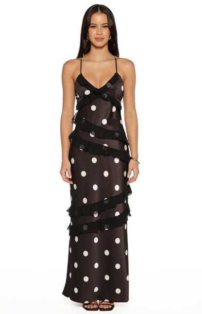 Elegant Polka Dot Print Spaghetti Strap Ruffle Trim Satin Maxi Prom Dress