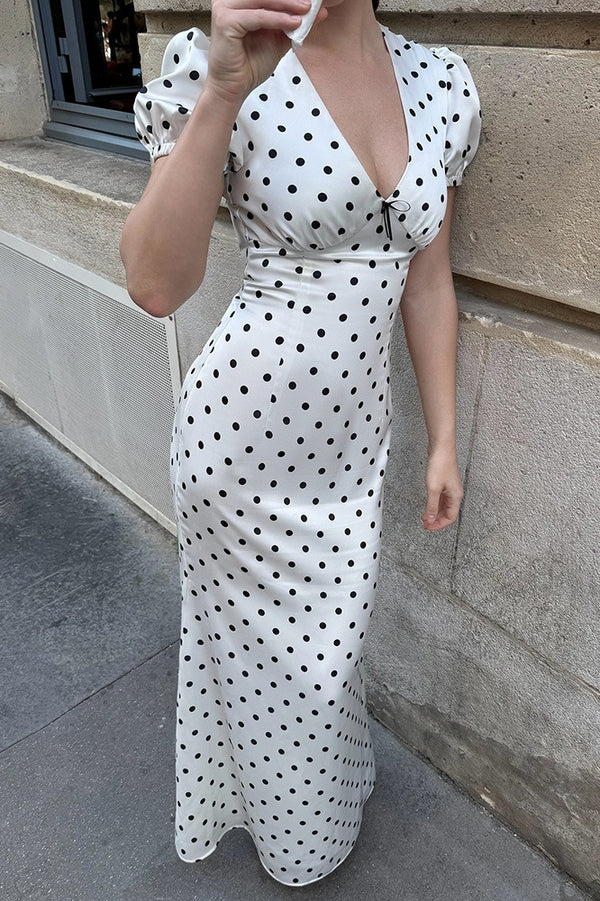 Elegant Puff Sleeve Polka Dot Deep V Neck Maxi Prom Dress For Wedding Guest Bridal Shower Formal Evening