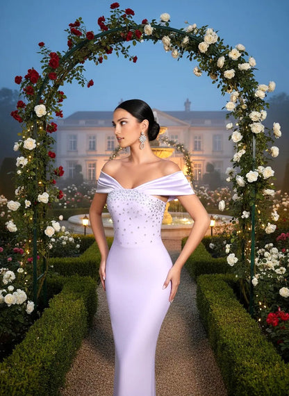 Elegant Purple Satin One-Shoulder Crystal Beaded Mermaid Silhouette Formal Evening Prom Party Gown