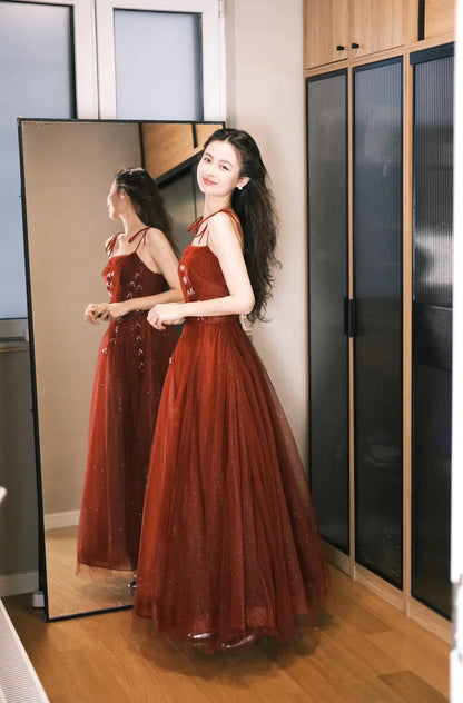 Elegant Red Spaghetti Strap Prom Dress With Glitter Tulle Skirt And Beaded Bodice For Formal Evening Party