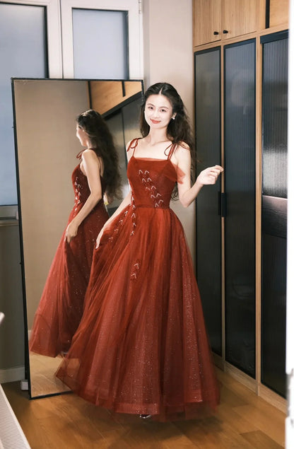 Elegant Red Spaghetti Strap Prom Dress With Glitter Tulle Skirt And Beaded Bodice For Formal Evening Party