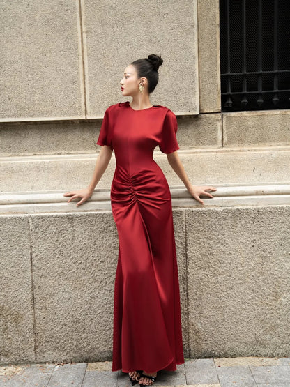 Elegant Round Neck Short Sleeve Ruched Waist Satin Mermaid Maxi Prom Dress For Formal Evening Wedding Guest