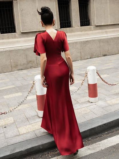 Elegant Round Neck Short Sleeve Ruched Waist Satin Mermaid Maxi Prom Dress For Formal Evening Wedding Guest