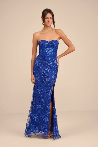Elegant Royal Blue Strapless Sweetheart Gown with 3D Floral Applique and High Side Slit, Prom Dress