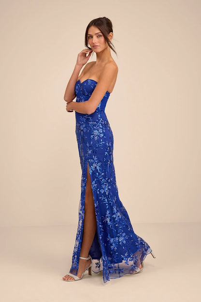 Elegant Royal Blue Strapless Sweetheart Gown with 3D Floral Applique and High Side Slit, Prom Dress