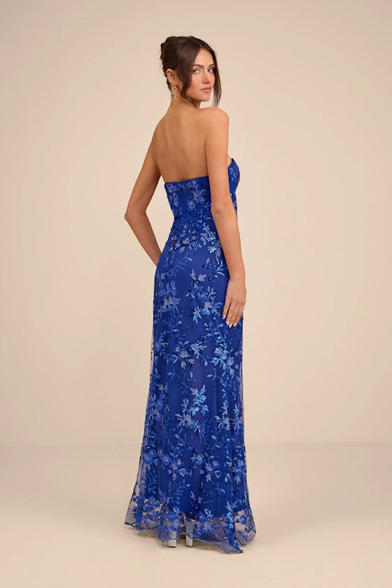 Elegant Royal Blue Strapless Sweetheart Gown with 3D Floral Applique and High Side Slit, Prom Dress