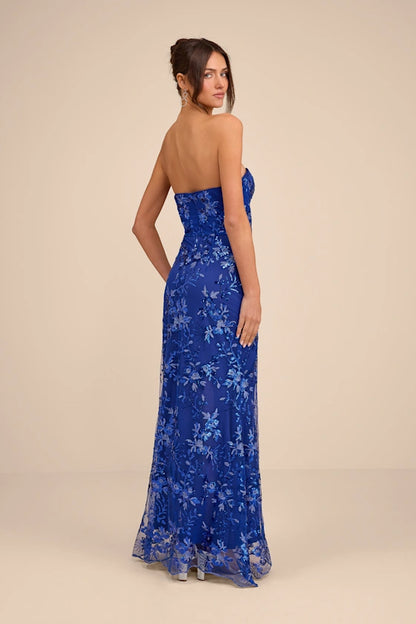 Elegant Royal Blue Strapless Sweetheart Gown with 3D Floral Applique and High Side Slit, Prom Dress