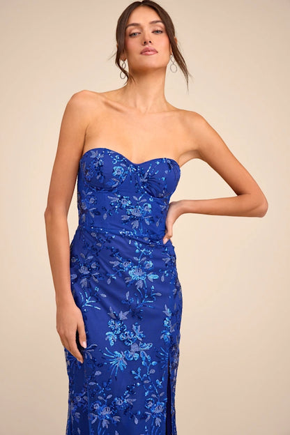 Elegant Royal Blue Strapless Sweetheart Gown with 3D Floral Applique and High Side Slit, Prom Dress
