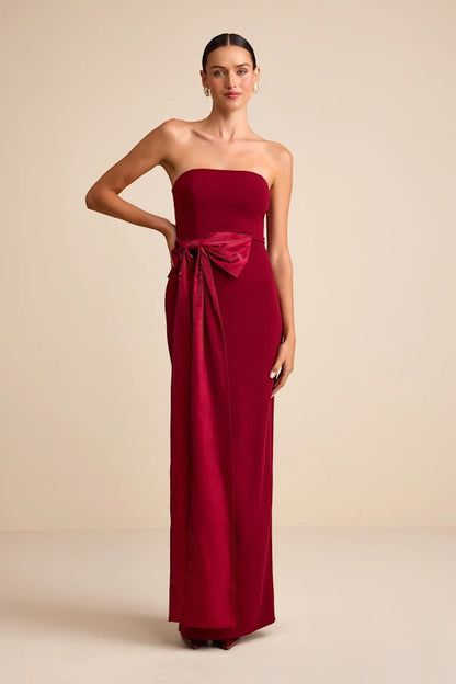 Elegant Ruby Red Strapless Maxi Dress with Velvet Bow Detail and High Side Slit: Prom Dress