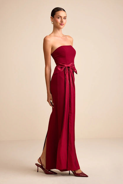 Elegant Ruby Red Strapless Maxi Dress with Velvet Bow Detail and High Side Slit: Prom Dress