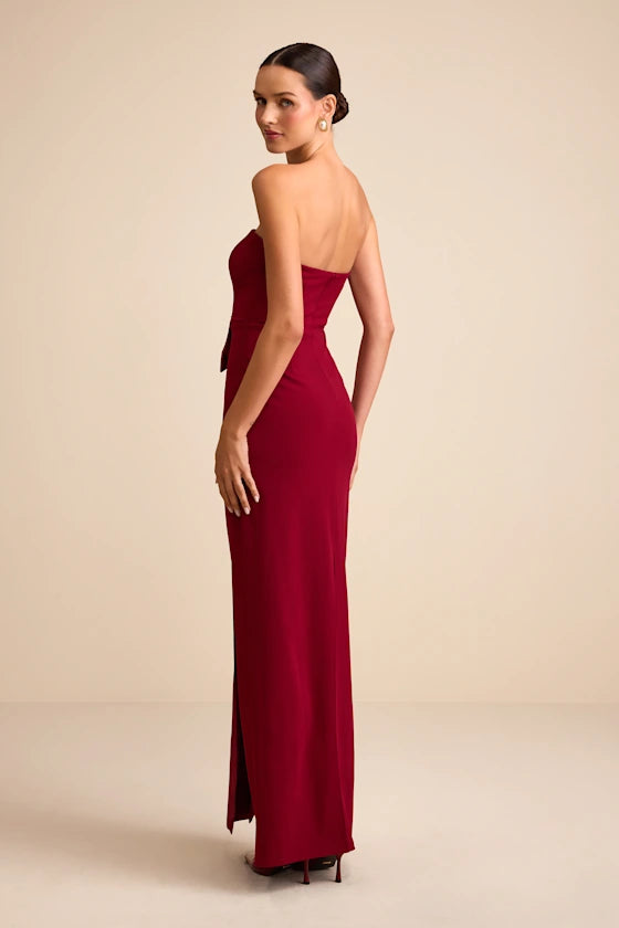 Elegant Ruby Red Strapless Maxi Dress with Velvet Bow Detail and High Side Slit: Prom Dress