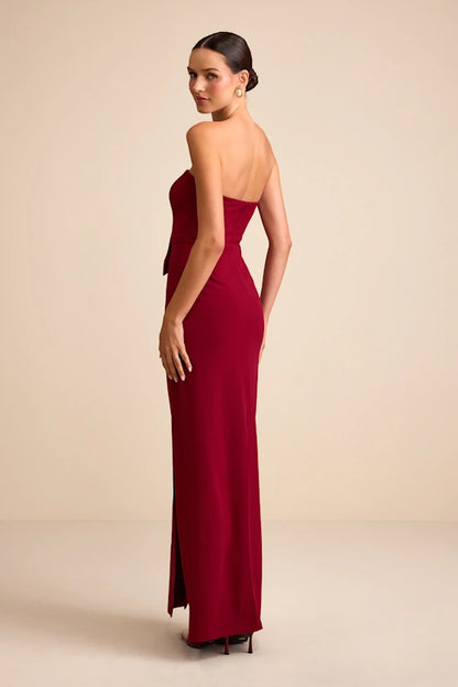 Elegant Ruby Red Strapless Maxi Dress with Velvet Bow Detail and High Side Slit: Prom Dress