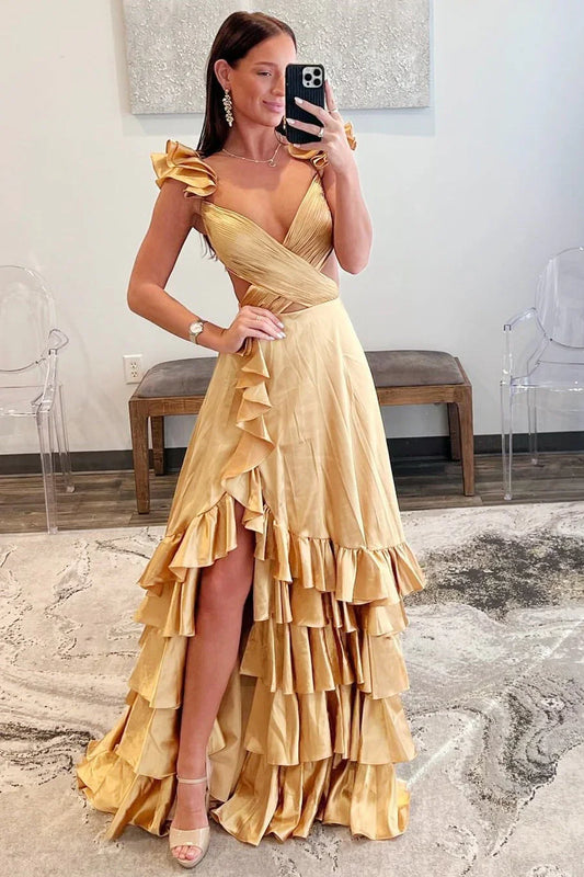 Elegant Ruffle Shoulder Deep V Cutout Waist Tiered Ruffle High Slit Satin A Line Maxi Prom Dress For Formal Evening Gala Wedding Guest