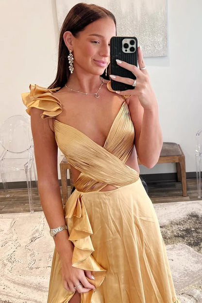 Elegant Ruffle Shoulder Deep V Cutout Waist Tiered Ruffle High Slit Satin A Line Maxi Prom Dress For Formal Evening Gala Wedding Guest