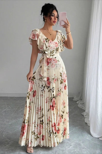 Elegant Ruffle Sleeve V Neck Backless Floral Print Pleated Belted Maxi Prom Dress For Wedding Guest Bridal Shower Formal Evening