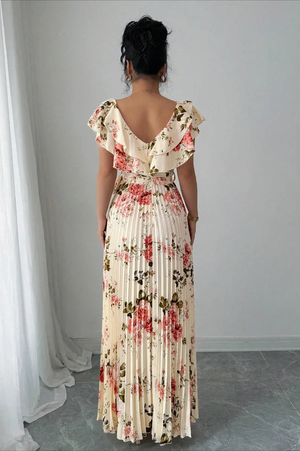 Elegant Ruffle Sleeve V Neck Backless Floral Print Pleated Belted Maxi Prom Dress For Wedding Guest Bridal Shower Formal Evening