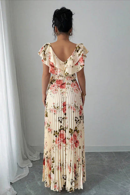 Elegant Ruffle Sleeve V Neck Backless Floral Print Pleated Belted Maxi Prom Dress For Wedding Guest Bridal Shower Formal Evening