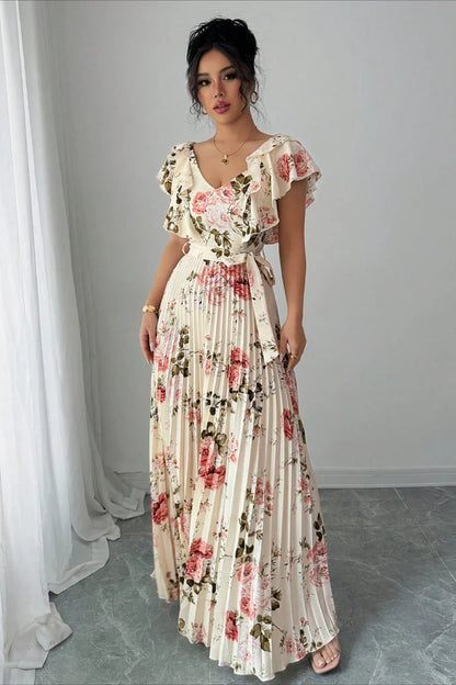 Elegant Ruffle Sleeve V Neck Backless Floral Print Pleated Belted Maxi Prom Dress For Wedding Guest Bridal Shower Formal Evening