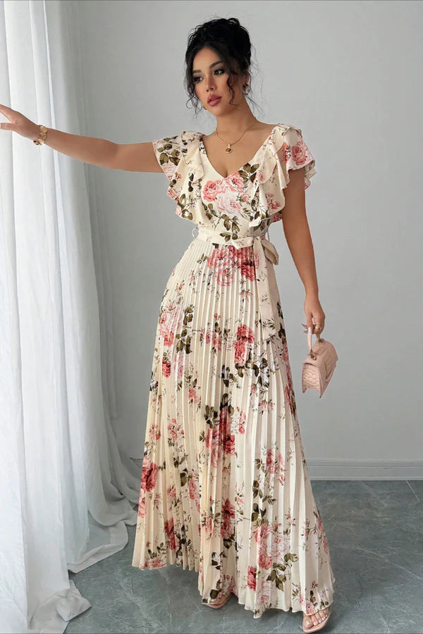 Elegant Ruffle Sleeve V Neck Backless Floral Print Pleated Belted Maxi Prom Dress For Wedding Guest Bridal Shower Formal Evening