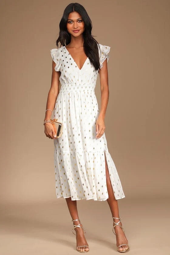 Elegant Ruffle Sleeve V Neck Metallic Dot Smocked Waist Tiered High Slit Midi Prom Dress For Formal Evening Gala Wedding Guest Bridesmaid