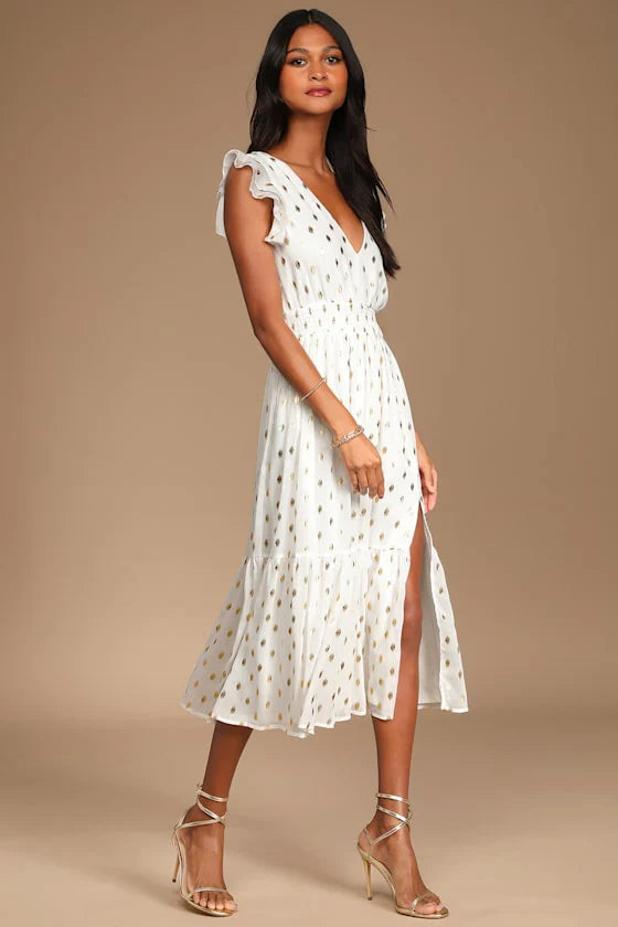 Elegant Ruffle Sleeve V Neck Metallic Dot Smocked Waist Tiered High Slit Midi Prom Dress For Formal Evening Gala Wedding Guest Bridesmaid
