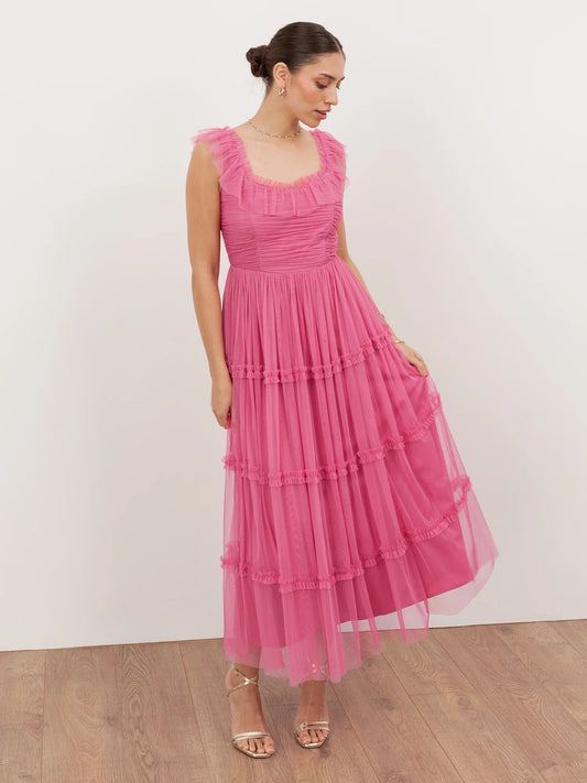 Elegant Ruffle Strap Square Neck Ruched Tiered Tulle Maxi Prom Dress For Formal Evening Gala Wedding Guest Bridesmaid