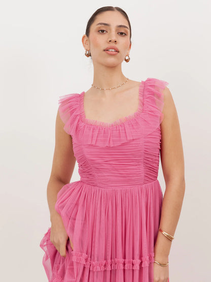Elegant Ruffle Strap Square Neck Ruched Tiered Tulle Maxi Prom Dress For Formal Evening Gala Wedding Guest Bridesmaid