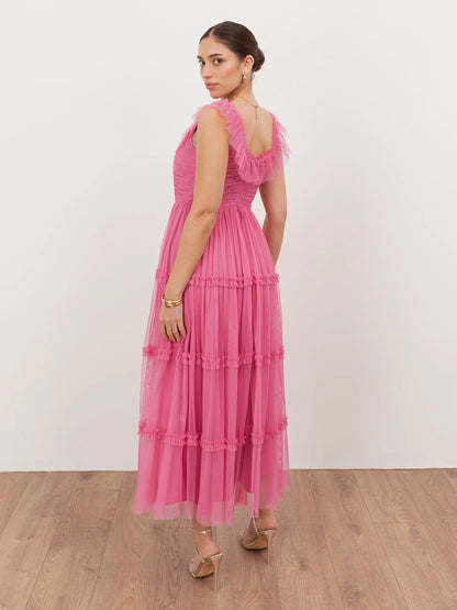 Elegant Ruffle Strap Square Neck Ruched Tiered Tulle Maxi Prom Dress For Formal Evening Gala Wedding Guest Bridesmaid