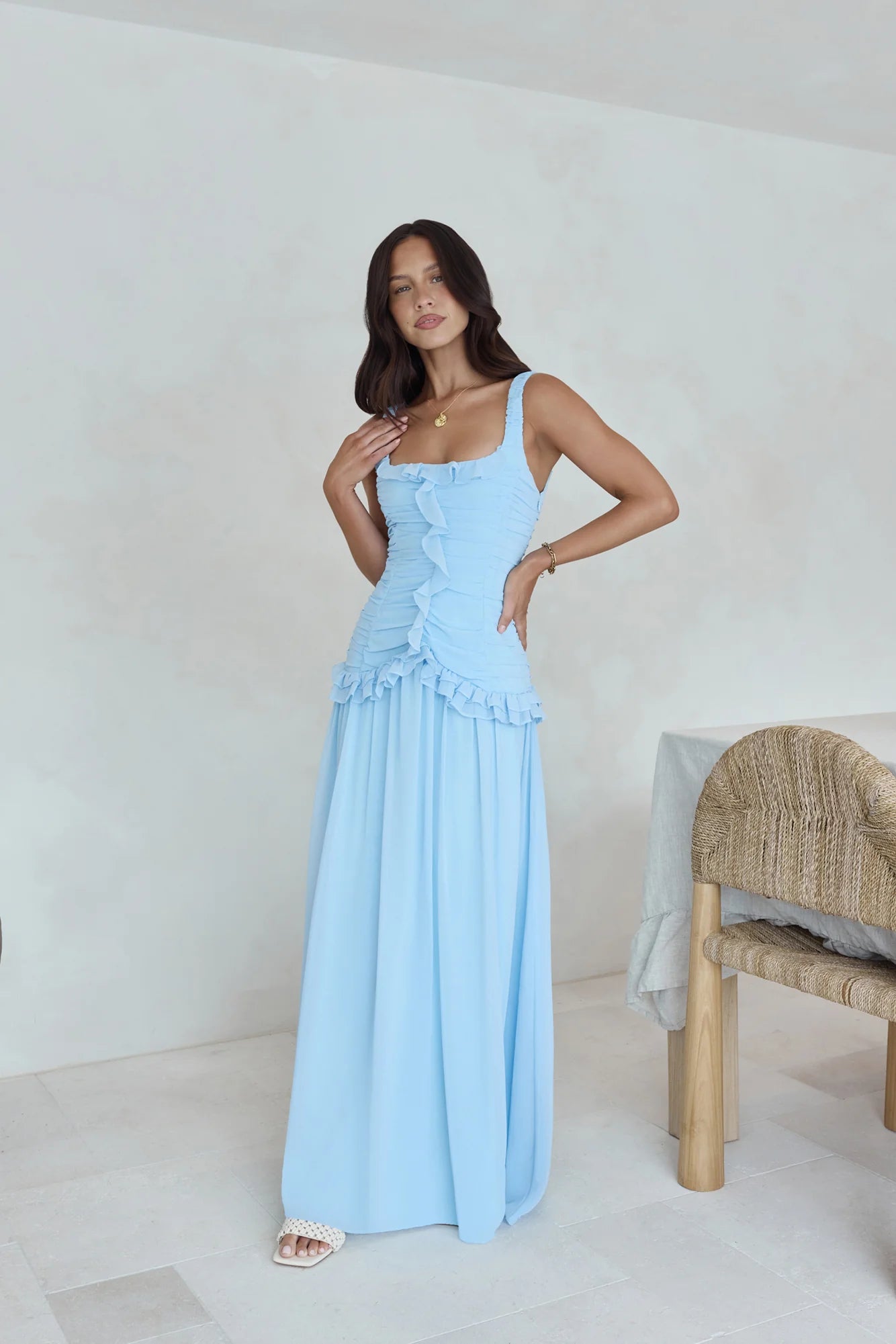 Elegant Ruffle Strap Square Neck Shirred Ruched Ruffle Detail Flowy A Line Maxi Prom Dress For Wedding Guest Bridal Shower Formal Evening