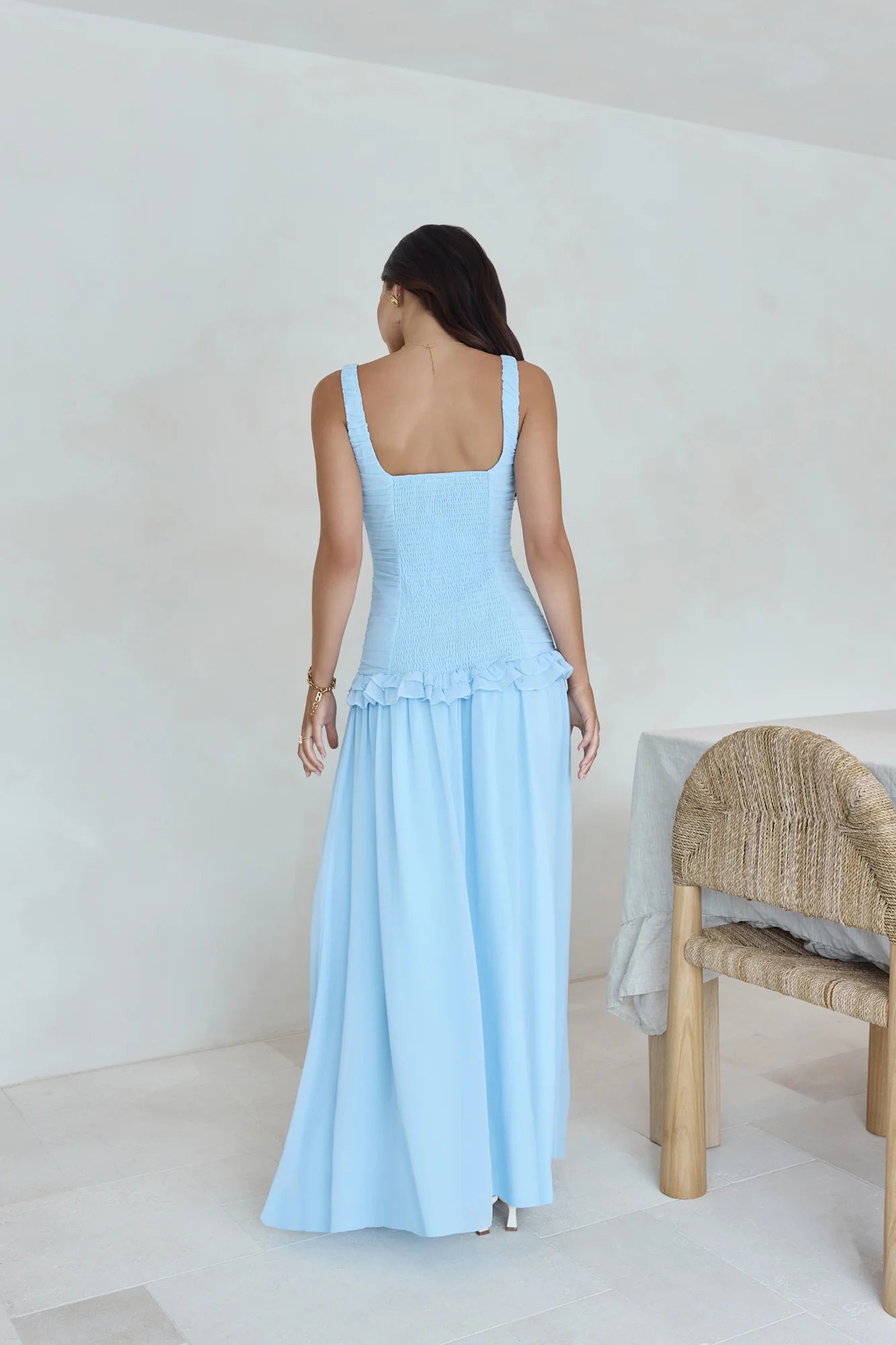 Elegant Ruffle Strap Square Neck Shirred Ruched Ruffle Detail Flowy A Line Maxi Prom Dress For Wedding Guest Bridal Shower Formal Evening