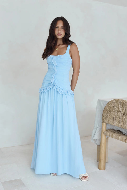 Elegant Ruffle Strap Square Neck Shirred Ruched Ruffle Detail Flowy A Line Maxi Prom Dress For Wedding Guest Bridal Shower Formal Evening