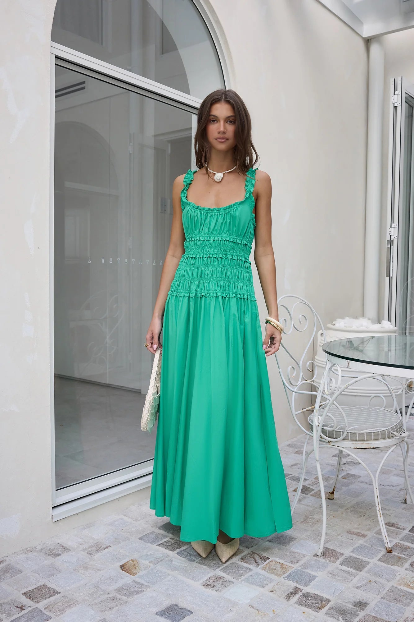 Elegant Ruffle Strap Square Neck Shirred Waist Flowy A Line Maxi Prom Dress For Wedding Guest Bridal Shower Formal Evening