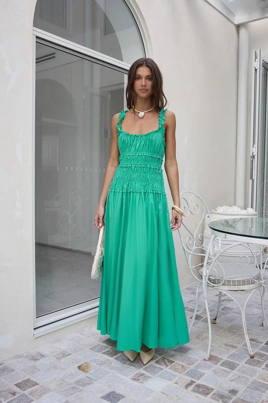 Elegant Ruffle Strap Square Neck Shirred Waist Flowy A Line Maxi Prom Dress For Wedding Guest Bridal Shower Formal Evening