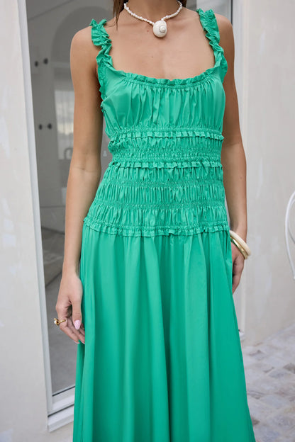 Elegant Ruffle Strap Square Neck Shirred Waist Flowy A Line Maxi Prom Dress For Wedding Guest Bridal Shower Formal Evening