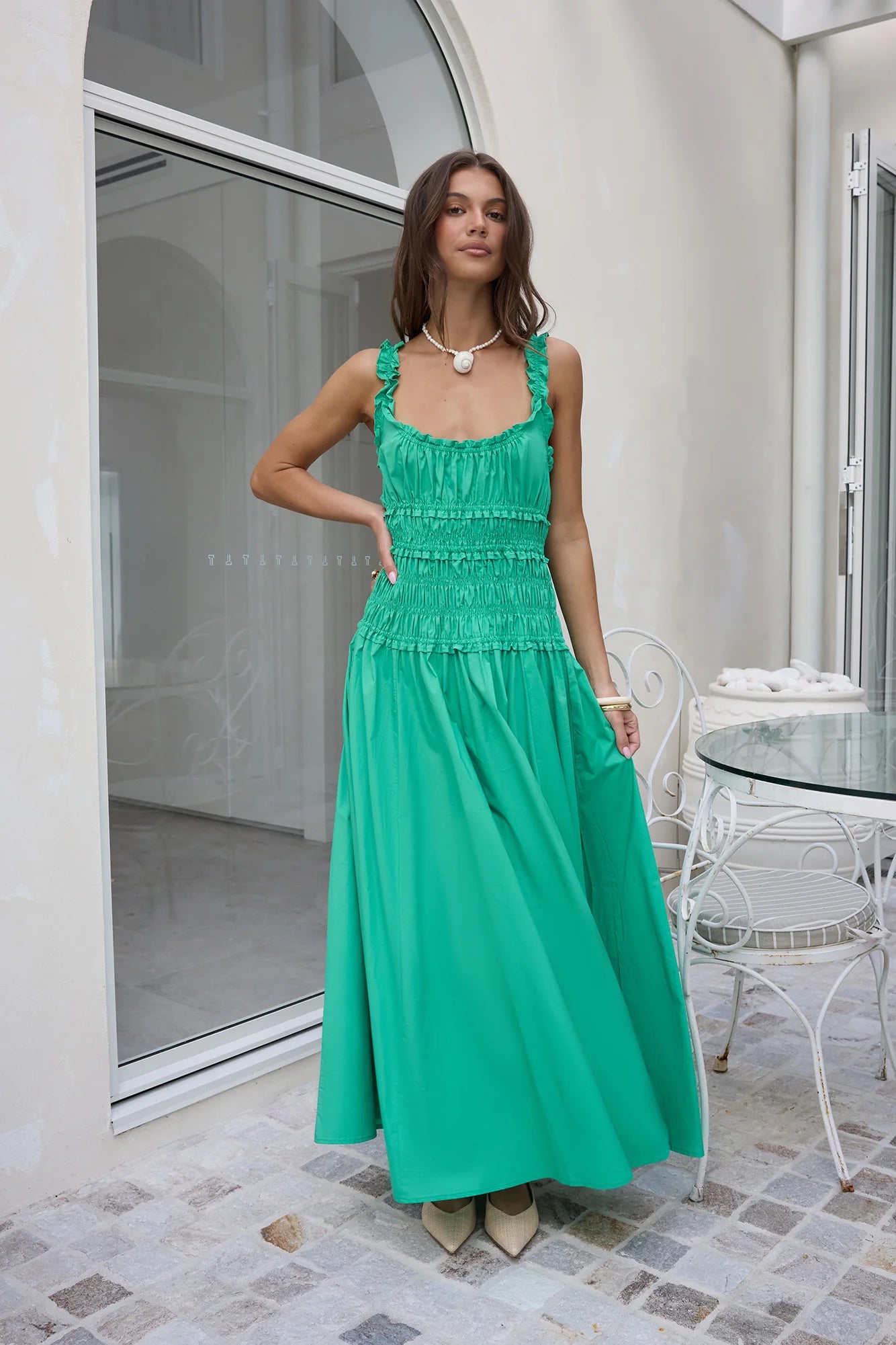 Elegant Ruffle Strap Square Neck Shirred Waist Flowy A Line Maxi Prom Dress For Wedding Guest Bridal Shower Formal Evening