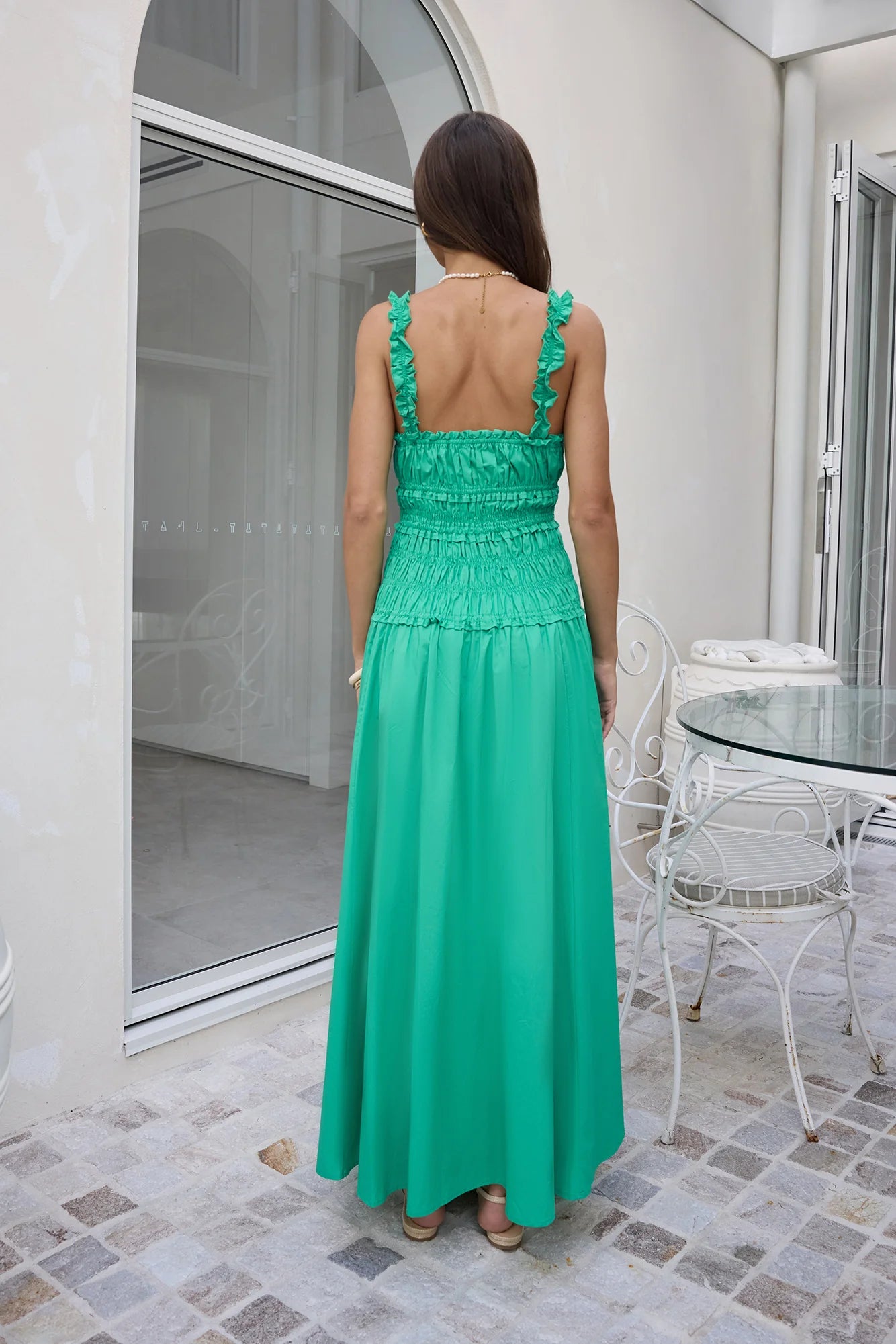 Elegant Ruffle Strap Square Neck Shirred Waist Flowy A Line Maxi Prom Dress For Wedding Guest Bridal Shower Formal Evening