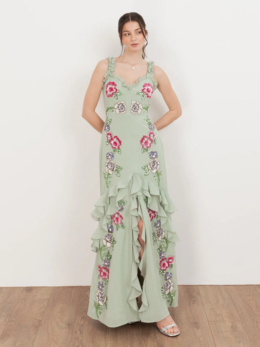 Elegant Ruffle Strap V Neck 3D Floral Beaded Embellished Tiered Ruffle High Slit Maxi Prom Dress For Formal Evening Gala Wedding Guest Bridesmaid