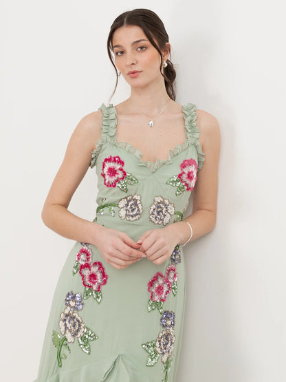 Elegant Ruffle Strap V Neck 3D Floral Beaded Embellished Tiered Ruffle High Slit Maxi Prom Dress For Formal Evening Gala Wedding Guest Bridesmaid