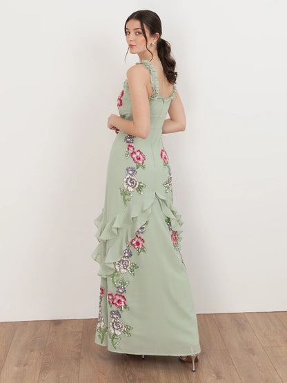 Elegant Ruffle Strap V Neck 3D Floral Beaded Embellished Tiered Ruffle High Slit Maxi Prom Dress For Formal Evening Gala Wedding Guest Bridesmaid