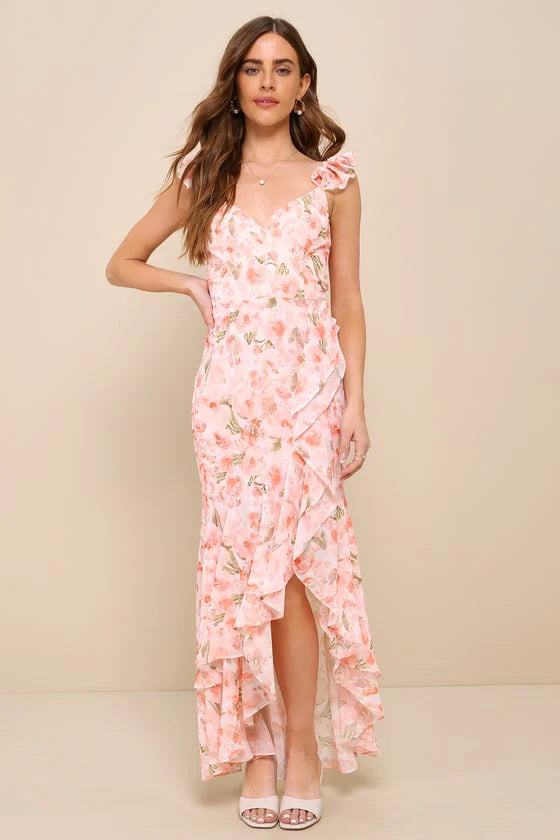 Elegant Ruffle Strap V Neck Floral Print High Slit Ruffle Mermaid Maxi Prom Dress For Formal Evening Gala Wedding Guest Bridesmaid