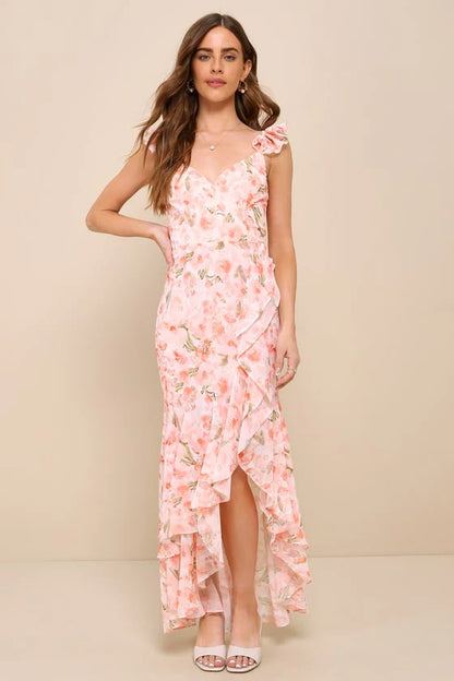 Elegant Ruffle Strap V Neck Floral Print High Slit Ruffle Mermaid Maxi Prom Dress For Formal Evening Gala Wedding Guest Bridesmaid