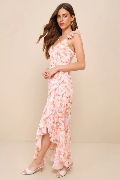 Elegant Ruffle Strap V Neck Floral Print High Slit Ruffle Mermaid Maxi Prom Dress For Formal Evening Gala Wedding Guest Bridesmaid