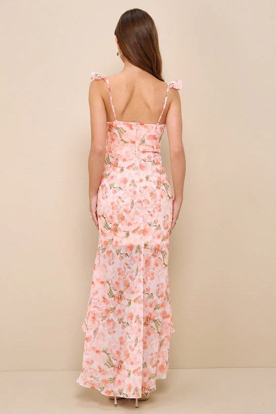 Elegant Ruffle Strap V Neck Floral Print High Slit Ruffle Mermaid Maxi Prom Dress For Formal Evening Gala Wedding Guest Bridesmaid